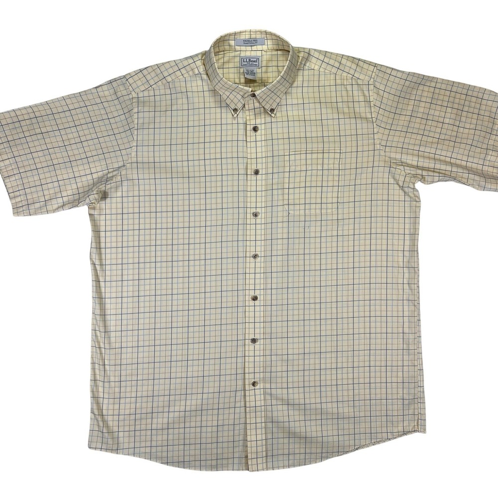 LL Bean Button Up Shirt Men's Size 2XL Yellow Check Short Sleeve